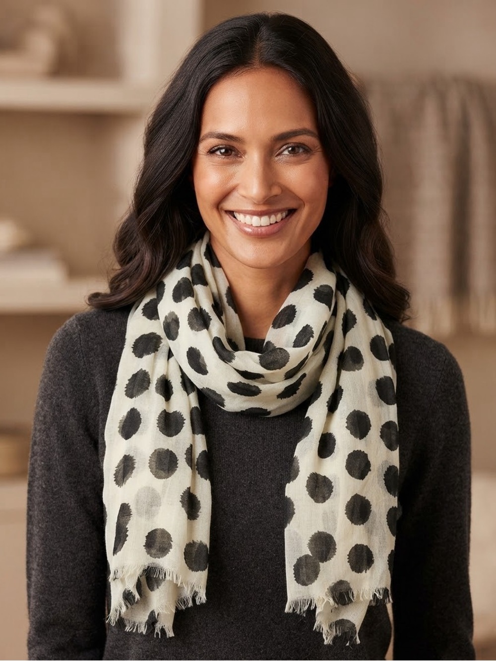 100% cotton - Polka Dot Lightweight Black and White Scarf